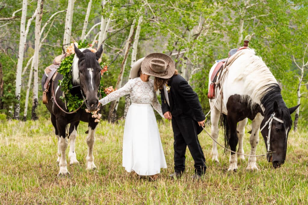 Bride and Groom with horses, Aldasaro Ranch, Telluride, Colorado
