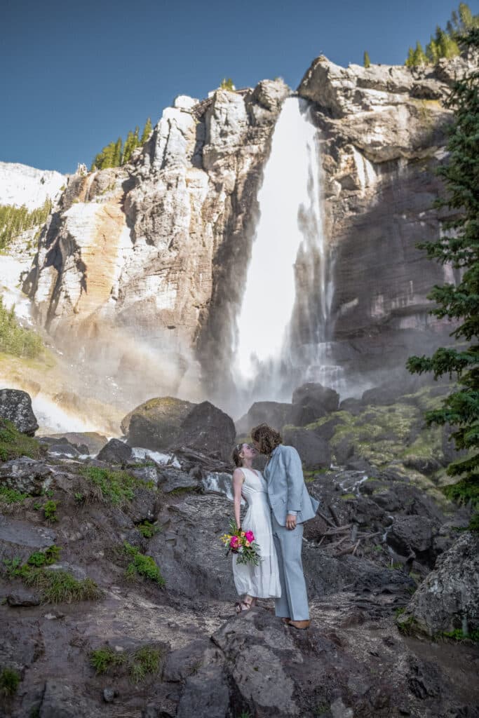 Bride and Groom at Bridal Veil Falls, Telluride, Colorado wedding, elopement