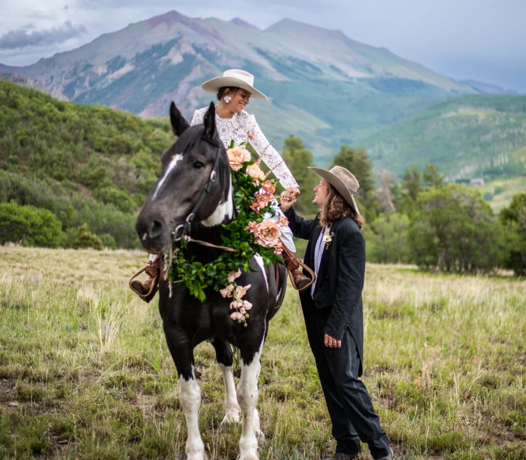 Bride on her horse, Telluride, Colorado wedding Aldasaro Ranch