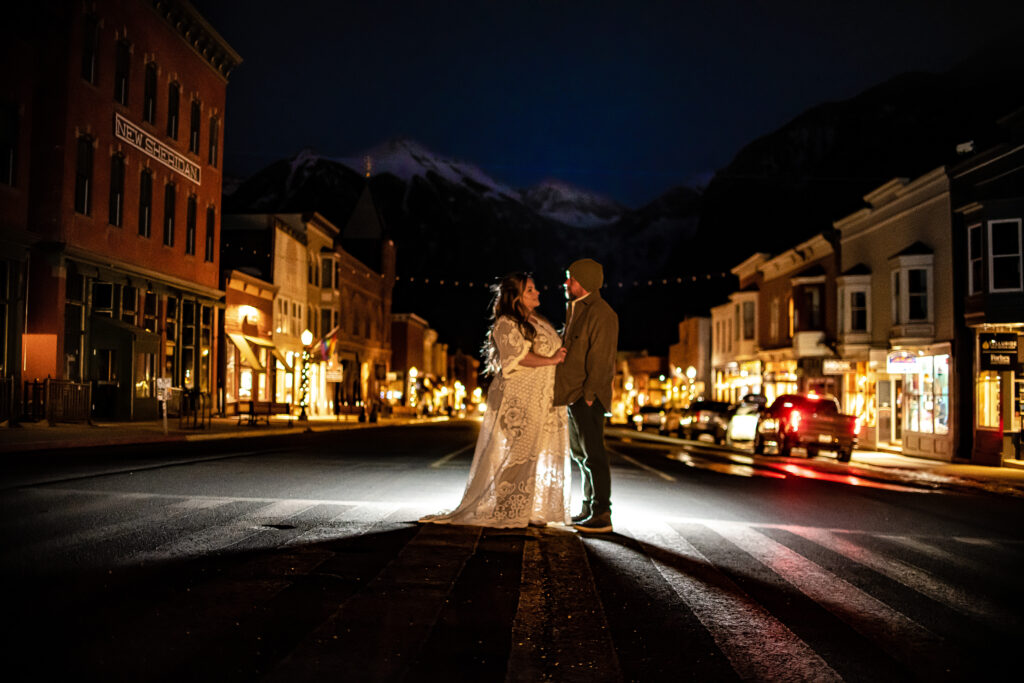 Bride and groom at night with off camera flash in Telluride, Colorado