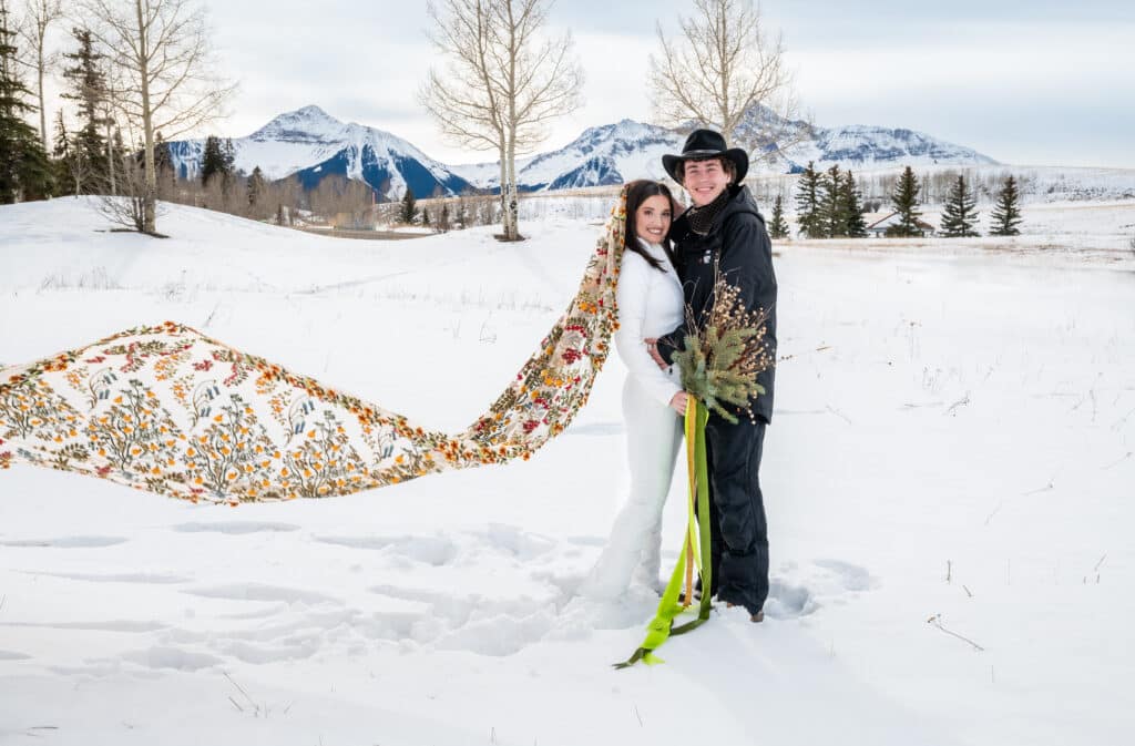 Bride and Groom in Mountain Village during winter, weddings, Telluride, Colorado